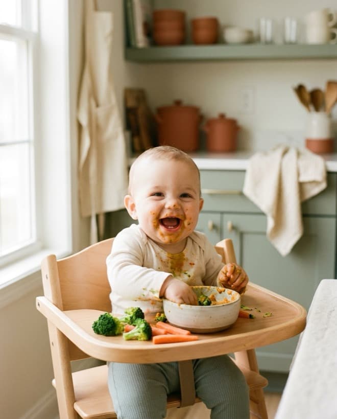Baby isst selbst gemachtes, buntes Essen